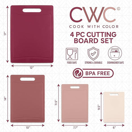 COOK WITH COLOR Non-Slip Cutting Board Set – Kitchen Essentials with Easy Grip Handle for Meat, Veggies, and Fruits, 4 Cutting Boards, Rose