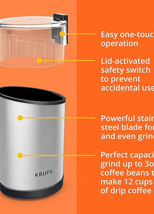 KRUPS Electric Coffee Grinder: 3 oz Capacity, 200 Watts - Versatile for Beans, Spices, Nuts - One-Touch Operation, Customizable Grind for 12 Cups - Ideal for Espresso, French Press