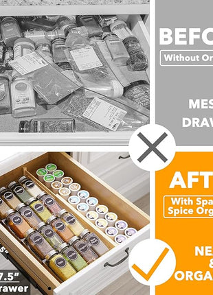 SpaceAid Spice Drawer Organizer with 16 Spice Jars, 386 Spice Labels, 4 Tier Seasoning Rack Tray Insert for Kitchen Drawers, 7.5" Wide x 17.5" Deep