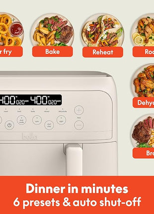 bella 4 Qt TriZone Air Fryer, EverGood™ Ceramic Nonstick Coating, Dual Basket Design w Removable Divider, Digital Touchscreen Control w 6 Preset Cooking Options, 1200 Watt, 3lb Capacity, Oatmilk