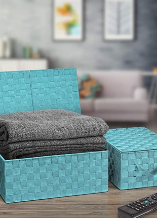 Sorbus Set of 3 Hand-Woven Storage Baskets with Lids (Aqua) – Mesh Bins for Closet, Shelf, or Pantry Organization – Variety Pack for Home and Office Storage