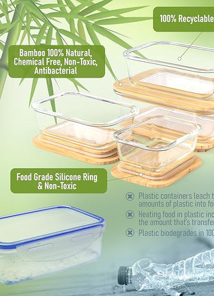 Set of 4 Stackable Space-Saving Nesting Glass Containers with Airtight Bamboo Lids - Lunch, Meal & Food Prep - Microwave & Oven Safe BPA Free Durable Heat Resistant Inert Borosilicate Glass