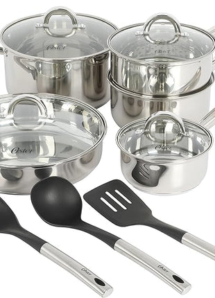 Oster Sangerfield 12-Piece Stainless Steel Cookware Set With Kitchen Tools, Non-Stick Pots and Pans, Durable Oven Safe Cookware for Home Cooking