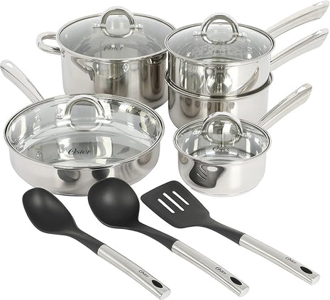 Oster Sangerfield 12-Piece Stainless Steel Cookware Set With Kitchen Tools, Non-Stick Pots and Pans, Durable Oven Safe Cookware for Home Cooking