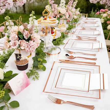 Festiva 350Pcs Rose Gold Plastic Plates - Clear Rose Gold Disposable Dinnerware Sets for 50Guests include 100 Plates 50 Cups 50Plastic Cutlery 50Napkins for Party&Wedding& Valentine's Day
