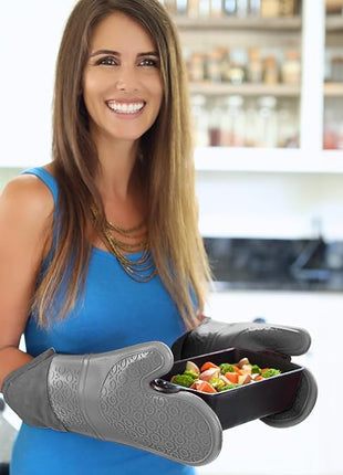 BPA-Free Soft Silicone Oven Mitts - Ultra Heat Resistant Oven Mitts with Thick Cotton Liner - Extra Long Slip Resistant Pot Holders, Flexible Oven Gloves - Gray 14.7"