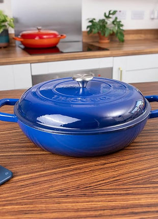 Shallow Cast Iron Casserole with Lid – Non Stick Dutch Oven Pot, Oven Safe up to 500° F – Sturdy Ovenproof Stockpot Cookware – Enamelled Cooking Pot – Dark Blue, 5-Quart, 32cm – by Nuovva