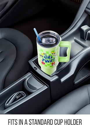 Silver Buffalo Powerpuff Girls Girl Power Groovy Retro Featuring Blossom, Bubbles, and Buttercup Stainless Steel Tumbler with Handle and Straw, Fits in Standard Cup Holder, 40 Ounces