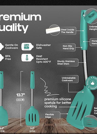 Silicone Spatula Set - Turner Spatulas Silicone Heat Resistant 600°F - Slotted & Solid Spatula for Cooking Fish, Eggs, Pancakes Flipper – Spatulas for kitchen use – Turquoise