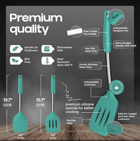 Silicone Spatula Set - Turner Spatulas Silicone Heat Resistant 600°F - Slotted & Solid Spatula for Cooking Fish, Eggs, Pancakes Flipper – Spatulas for kitchen use – Turquoise