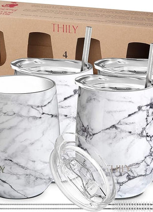 THILY Stainless Steel Stemless Wine Tumbler 4 Pack Vacuum Insulated Travel Wine Glasses Set with Sliding Lids and Straws, Keep Cold for Juice, Cocktails, Beer, Party, Christmas Gift, White Marble
