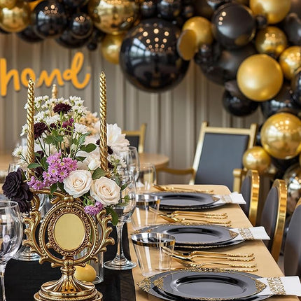 Nervure 350PCS Black Plastic Plates - Black Plastic Dinnerware Sets for 50 Guests - 100 Disposable Plates, 150 Gold Silverware, 50 Cups, 50 Napkins for Wedding & Party & New Year