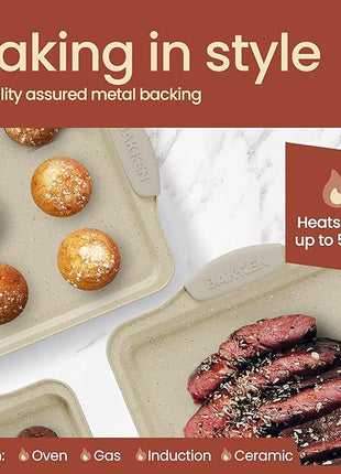 BAKKEN Cookie Sheets for Baking Nonstick Set - 3-Piece Stackable Carbon Steel Baking Sheet Pans Set with Silicone Handles, Non Toxic Cookie Sheets for Baking Bakeware Set - White Marble