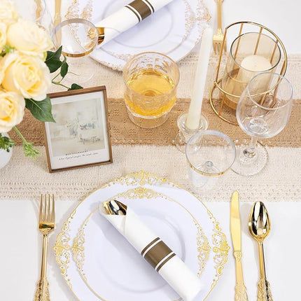 Nervure 350PCS Gold Plastic Plates - Gold Plastic Dinnerware Sets for 50 Guests - 100 Disposable Plates, 150 Silverware, 50 Cups, 50 Napkins for Wedding & Party