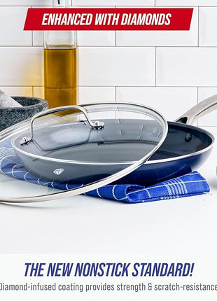 Blue Diamond 12" Nonstick Frying Pan with Lid, Diamond Infused PFAS & PTFE-Free Ceramic Skillet, Dishwasher & Oven Safe, Stay Cool Handle, Durable Non Toxic Metal Utensil Safe, Glass Lid, Blue