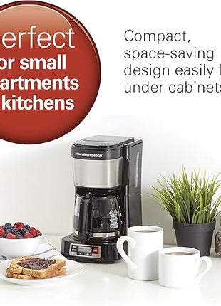 Hamilton Beach 5 Cup Drip Coffee Maker with Easy FrontFill Basket, Compact Design, Programmable Clock, Glass Carafe, Auto Pause and Pour, Black & Stainless Steel (46111)