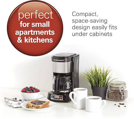 Hamilton Beach 5 Cup Drip Coffee Maker with Easy FrontFill Basket, Compact Design, Programmable Clock, Glass Carafe, Auto Pause and Pour, Black & Stainless Steel (46111)