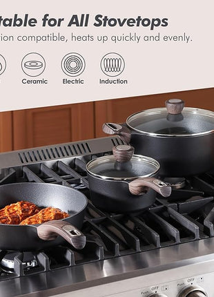 SENSARTE Pots and Pans Set Non stick, Non toxic Healthy Induction Cookware Sets, 14 Pcs Non Stick Kitchen Cooking Set with Frying Pans Set & Saucepan, PFOA PFOS APEO Free, Black