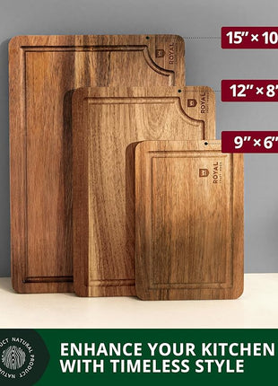 ROYAL CRAFT WOOD Acacia Wood Cutting Boards Set of 3 – Premium Wooden Cutting Boards for Kitchen Meal Prep & Serving - Charcuterie & Chopping Butcher Block for Meat with Deep Juice Groove Side Handles