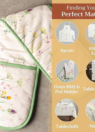 Maison d' Hermine Double Oven Mitts 100% Cotton 7"x35" Double Oven Mitt Heat Resistant BBQ Cooking Gloves with Loop, Baking, Grilling, Home, Kitchen, Handling Hot Pans Spring Summer (Botanical Fresh)