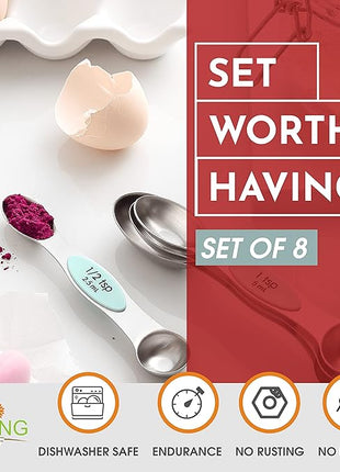 Spring Chef Stainless Steel Magnetic Measuring Spoons Set of 8 with Leveler, Nesting Metal Teaspoon & Tablespoon Measuring Spoons, Kitchen Gadgets for Baking & Cooking, Fits in Spice Jars - Mint