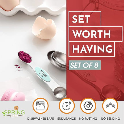 Spring Chef Stainless Steel Magnetic Measuring Spoons Set of 8 with Leveler, Nesting Metal Teaspoon & Tablespoon Measuring Spoons, Kitchen Gadgets for Baking & Cooking, Fits in Spice Jars - Mint