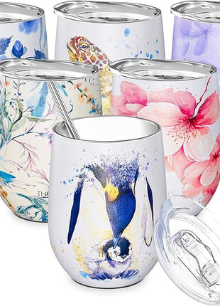 THILY Wine Tumbler Stainless Steel Insulated Stemless Wine Glass with Lid and Straw, Cute Cup Keep Cold for Coffee, Cocktails, Special Collection, Penguin