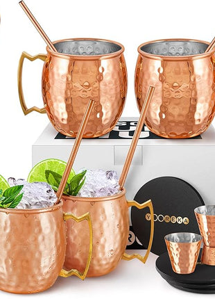 Gift Set Moscow Mule Mugs Set of 4 16 oz Copper Plated Stainless Steel 4 Straws 4 Coasters Jigger Shot Glass Stirring Spoon, Cleaning Brush
