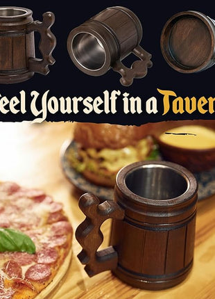 MFC Beer Mug 10 OZ - Coffee Mug - Beer stein - Wooden beer mug - Stainless Steel Cup - Handmade Gifts for Men - Fathers Day, Christmas or Birthday Gift Idea - Men Mug - Classic Brown