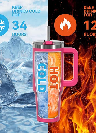 40 oz Tumbler with Handle,Tumbler with Lid and Straw,Double Wall Insulated Cup Stainless Steel Travel Mug(Cold for 34 Hours),Water Bottle for Iced Tea,Coffee,Cold Beverages(Gloss Pink)
