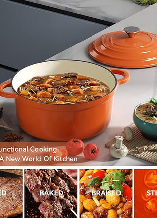 Miereirl 4.5 Quart Enameled Dutch Oven Pot with Lid, Cast Iron Dutch Oven with Dual Handles for Bread Baking, Cooking, Non-stick Enamel Coated Cookware (Orange)