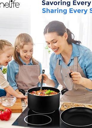 SereneLife Kitchenware Pots & Pans Basic Kitchen Cookware, Black Non-Stick Coating Inside, Heat Resistant Lacquer (15-Piece Set), One Size