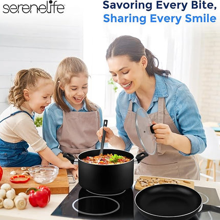 SereneLife Kitchenware Pots & Pans Basic Kitchen Cookware, Black Non-Stick Coating Inside, Heat Resistant Lacquer (15-Piece Set), One Size
