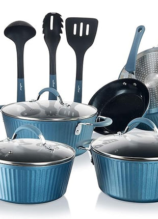 NutriChef NCCW11BL Nonstick Cookware Excilon |Home Kitchen Ware Pots & Pan Set with Saucepan, Frying Pans, Cooking Pots, Lids, Utensil PTFE/PFOA/PFOS free, 11 Pcs, Blue