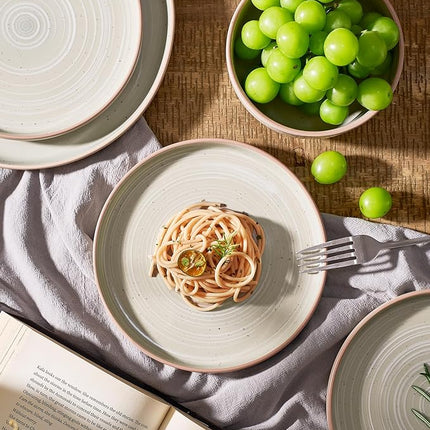 Famiware Meteor Stoneware Dinnerware Sets with Pasta Bowls, Service for 4 (16 Pieces), Plates and Bowls Sets, Microwave and Dishwasher Safe Dishes Set, Matcha Green