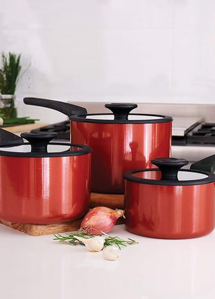 Tramontina Aluminum Non Stick 6-Piece Nesting Sauce Pan Set with Lids - Red, Kitchen Nonstick Cookware Set, Dishwasher and Oven Safe