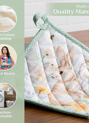 Maison d' Hermine Pot Holders Set 100% Cotton Heat Resistant Potholders 8" x 8" Hot Pads with Loop BBQ, Cooking, Baking, Grilling, Kitchen, Handling Hot Pans Spring/Summer (Pack of 2, Easter Dew)