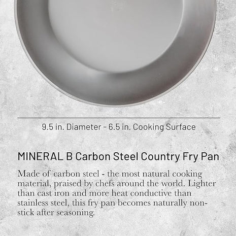De Buyer MINERAL B Carbon Steel Country Fry Pan - 9.5” Diameter, 6.5” Cooking Surface - Ideal for Sauteing, Simmering, Deep Frying & Stir Frying - PFAS, PFOA & PFOS Free - Made in France