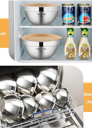 YIHONG 7 Piece Metal Mixing Bowls with Lids for Kitchen, Stainless Steel Set Ideal for Baking, Prepping, Cooking and Serving Food, Nesting Design for Space Saving Storage (Khaki)