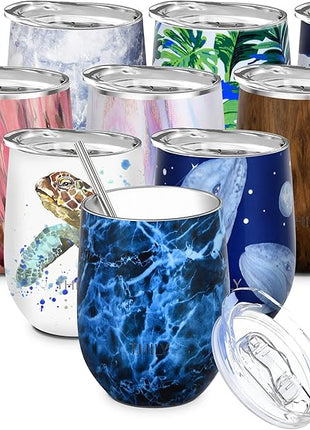 THILY Wine Tumbler Stainless Steel Insulated 12 oz Stemless Wine Glass with Slide Lid and Metal Straw, Travel Cup Keep Cold for Coffee, Cocktails, Abysmal Sea
