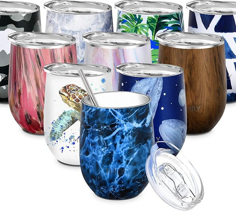 THILY Wine Tumbler Stainless Steel Insulated 12 oz Stemless Wine Glass with Slide Lid and Metal Straw, Travel Cup Keep Cold for Coffee, Cocktails, Abysmal Sea