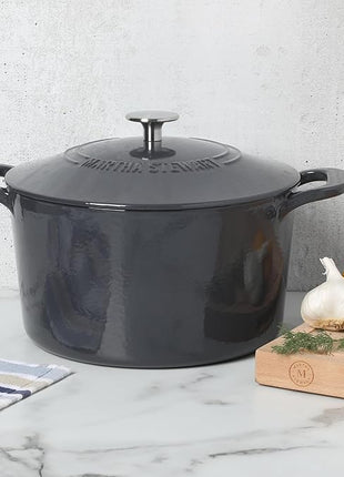 Martha Stewart Gatwick 7 QT Enamel Cast Iron Dutch Oven – Gray, Durable Heavy-Duty Dutch Oven for Slow Cooking, Braising, and Baking