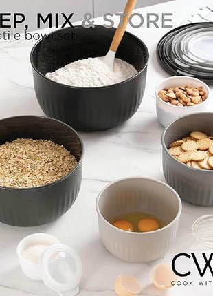 COOK WITH COLOR Prep Bowls with Lids- Wide and Deep Nesting Plastic Small Mixing Bowl Set with Lids, 12 Piece Set - Deep Bowls, Black/White