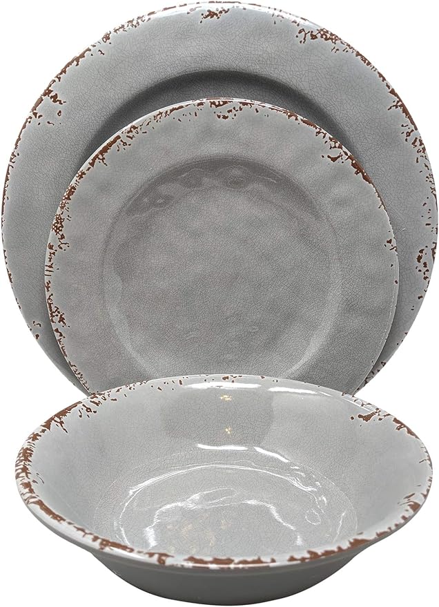 Gianna's Home 12 Piece Rustic Farmhouse Melamine Dinnerware Set, Service for 4 (Gray)