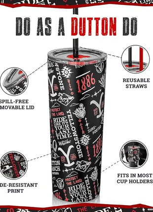 Dragon Glassware x Yellowstone Vacuum Insulated Tumbler with Lid and Straw - 24 oz Tumbler Cup with 2 Straws - Stainless Steel Tumbler with Straw for Water, Iced Tea - 1886