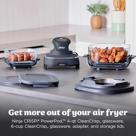 Ninja Crispi 4-in-1 Portable Glass Air Fryer Cooking System, 1500W, 4QT & 6-Cup TempWare Glass Containers with Storage Lids, Microwave, Freezer & Dishwasher Safe, Cyberspace Gray, FN101GY