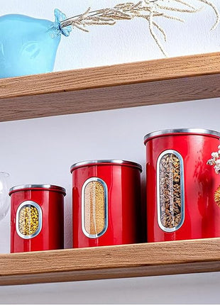 Mixpresso 3-Piece Red Canisters Sets For The Kitchen, Airtight Canister Set With See Through Window, Storage Jars for Coffee Container, Tea Organizer & Sugar Canister, Red Kitchen Canisters