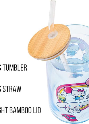 Silver Buffalo Sanrio Hello Kitty & Friends Floating Car Balloons Featuring Cinnamoroll, Pochacco, and Keroppi Glass Jar Tumbler with Bamboo Lid and Glass Straw, 16 Ounces