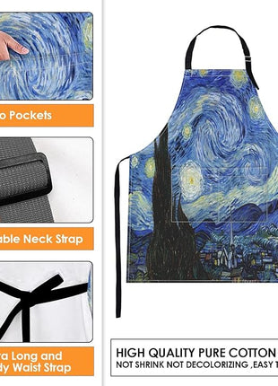 Britimes Apron Home Kitchen Cooking Baking Gardening for Women Men With Pockets Starry Night Oil Painting 32x28 inch
