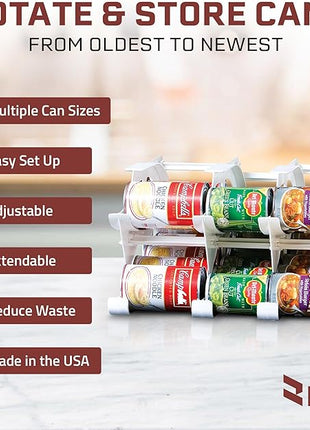 FIFO Countertop Mini Can Tracker Hold Up To 30 Standard 10 to 24 Ounce Can Sizes for Pantry Organization and Food Storage, USA Made, White (2 Pack)